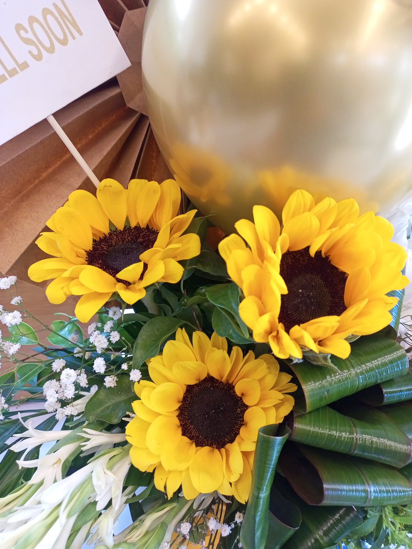 Get Well Soon Fresh Sunflower Basket with Baby’s Breath & 3 Balloons – Cheerful Gift for Recovery