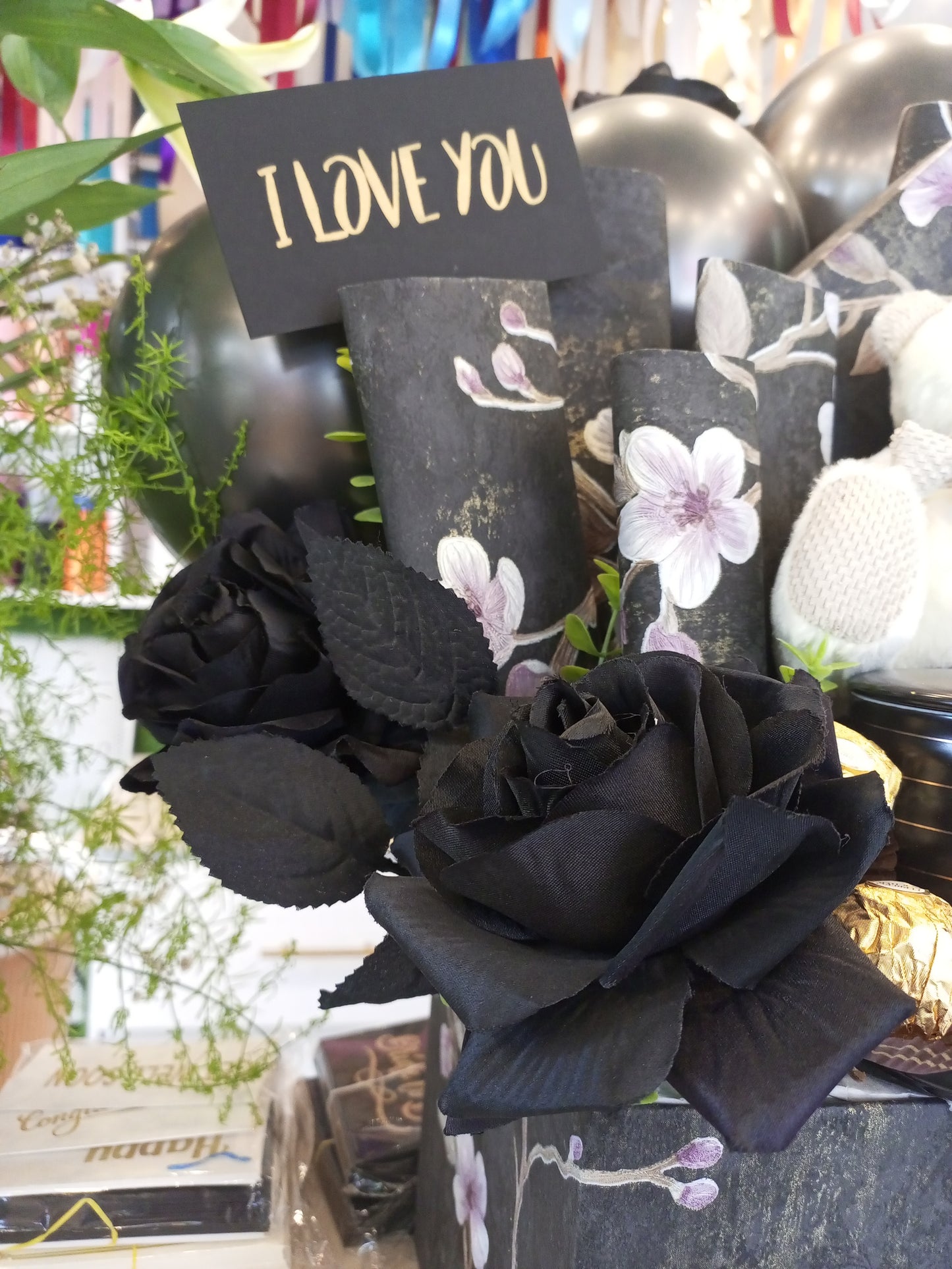 Black Chocolate Gift Basket with White Teddy, Black Rose, Cup & Balloons