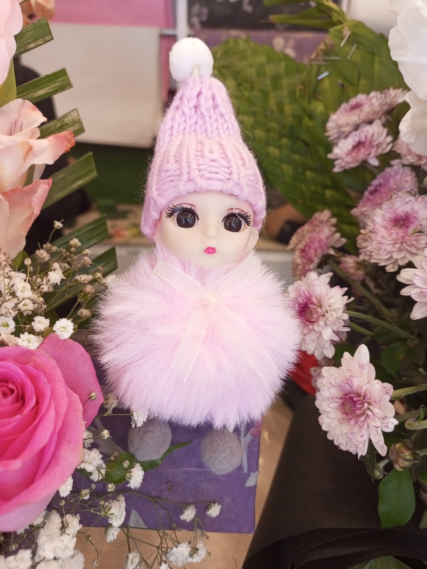Mini Fresh Flower Basket with Doll – Cute Gift for Girls, Birthdays, or Baby Showers