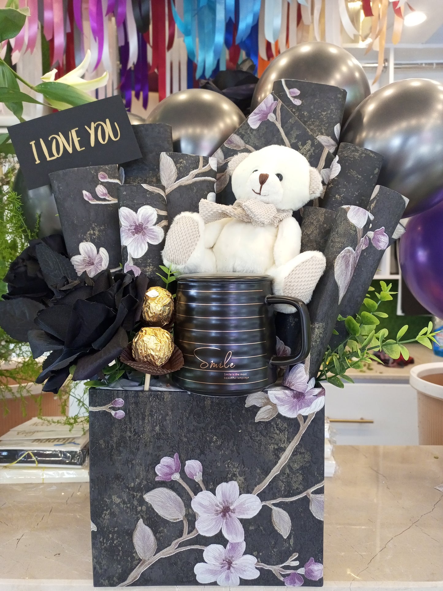 Black Chocolate Gift Basket with White Teddy, Black Rose, Cup & Balloons