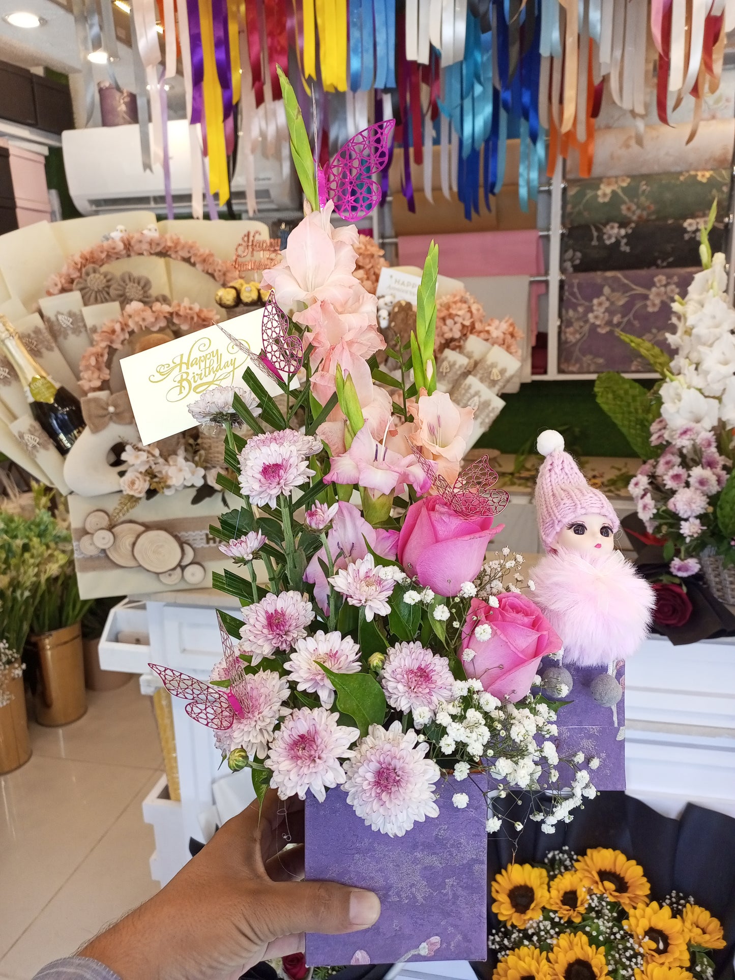 Mini Fresh Flower Basket with Doll – Cute Gift for Girls, Birthdays, or Baby Showers