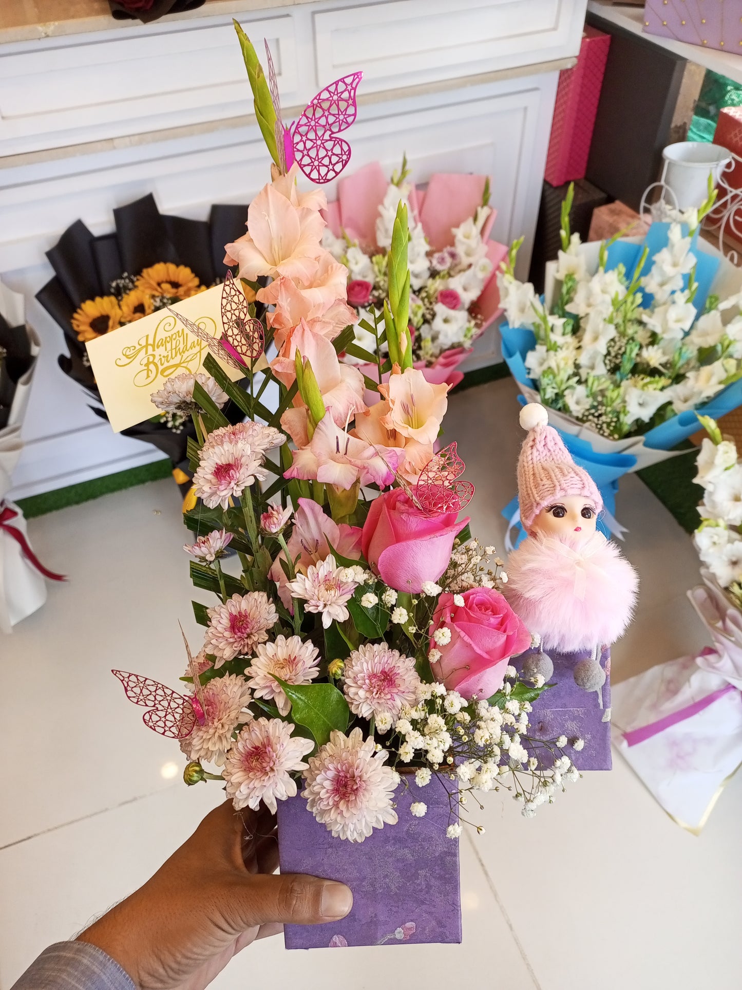 Mini Fresh Flower Basket with Doll – Cute Gift for Girls, Birthdays, or Baby Showers