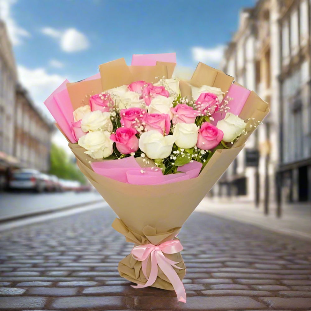 Imported Pink & White Roses with Baby's Breath Bouquet