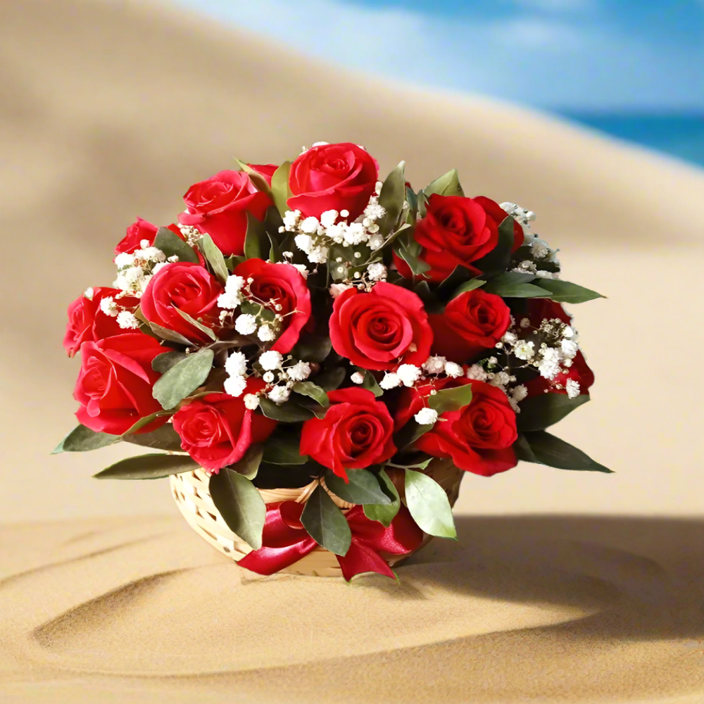 Red Roses with baby's Breath Basket