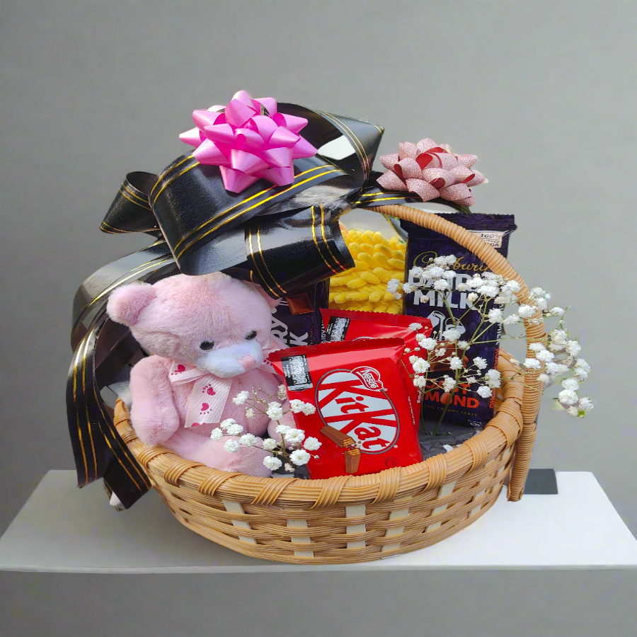 Valentine Package 1 | Chocolate Basket with Mini Teddy Bear and Imported Rose Flower Bouquet