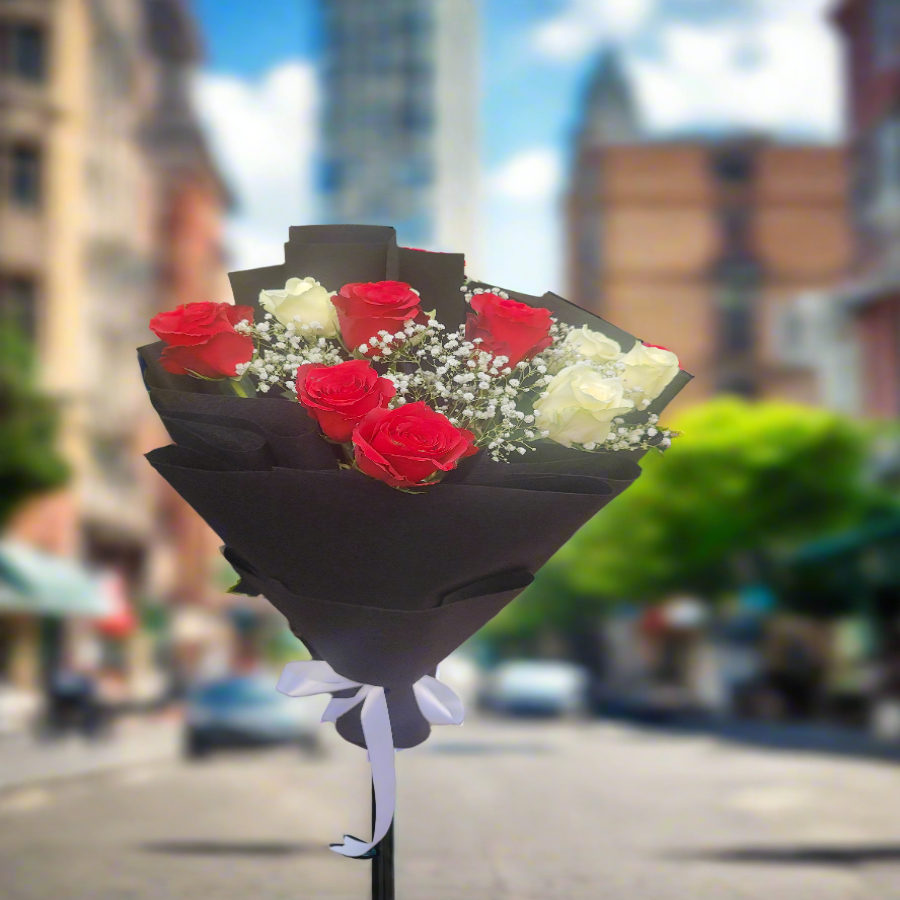 Valentine Package 1 | Chocolate Basket with Mini Teddy Bear and Imported Rose Flower Bouquet