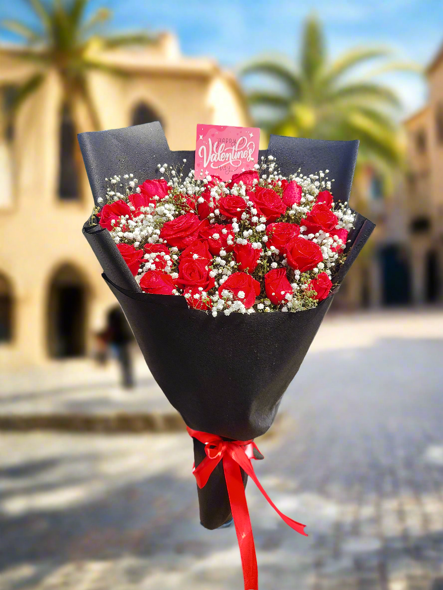 Valentine Perfect Bouquet with Red Roses and Baby's Breath