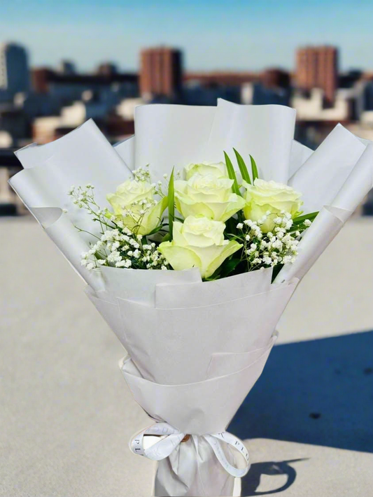 Five imported White roses bouquet