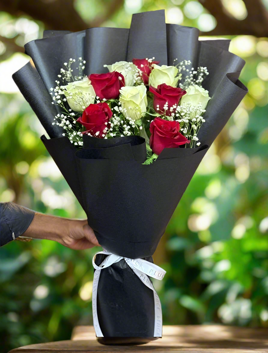 Imported Red and White Roses with baby's breath bouquet