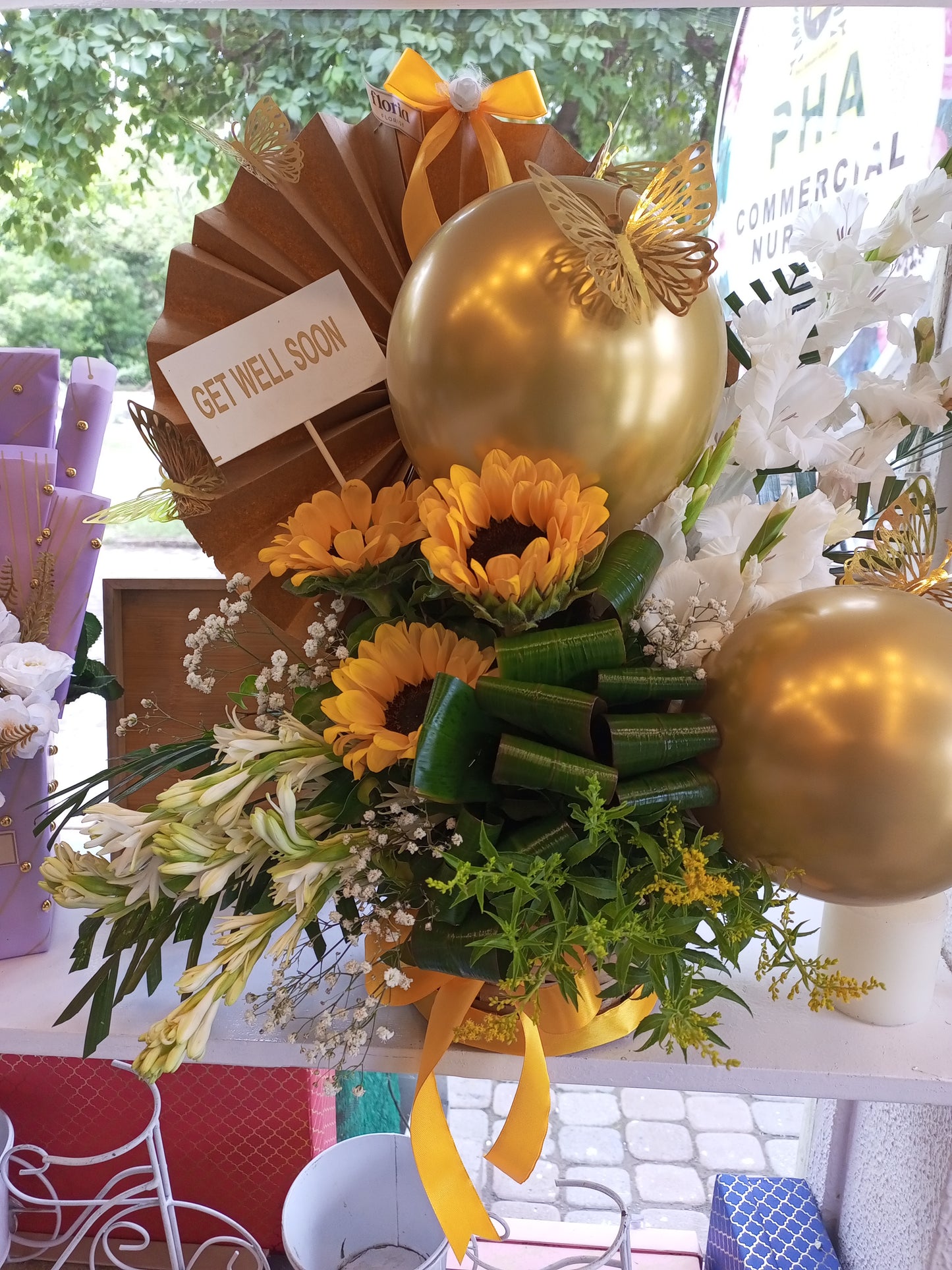 Get Well Soon Fresh Sunflower Basket with Baby’s Breath & 3 Balloons – Cheerful Gift for Recovery