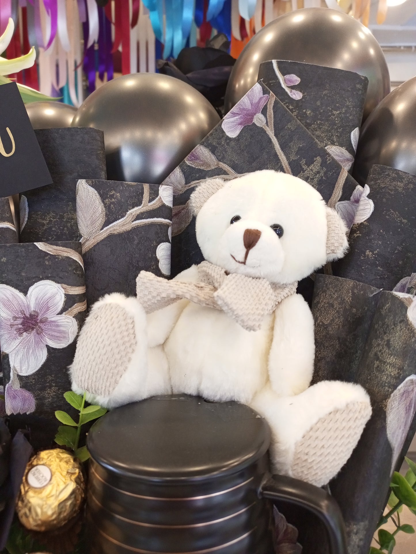 Black Chocolate Gift Basket with White Teddy, Black Rose, Cup & Balloons